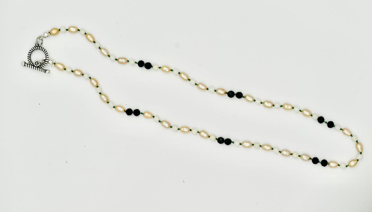 Mixed Stone Fresh Water Pearl Black Spinel with Coral 17 Inch Knotted Green Silk Silver Hardware