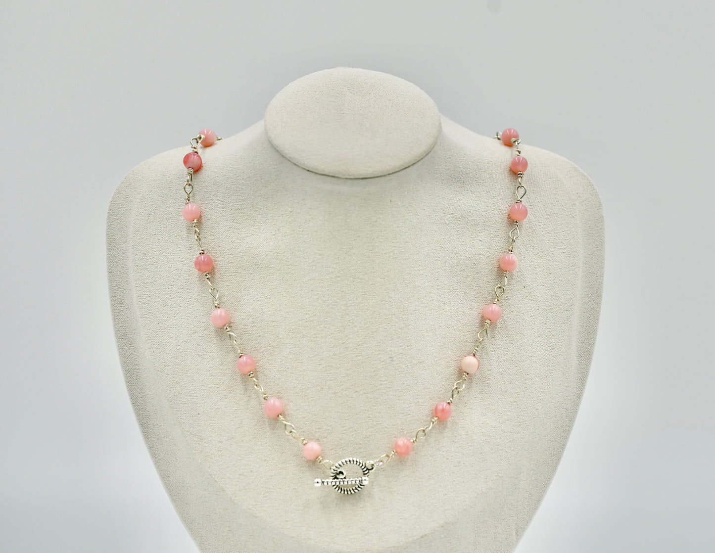Pink Opal 925 Sterling Silver Rosary 17 Inch Necklace