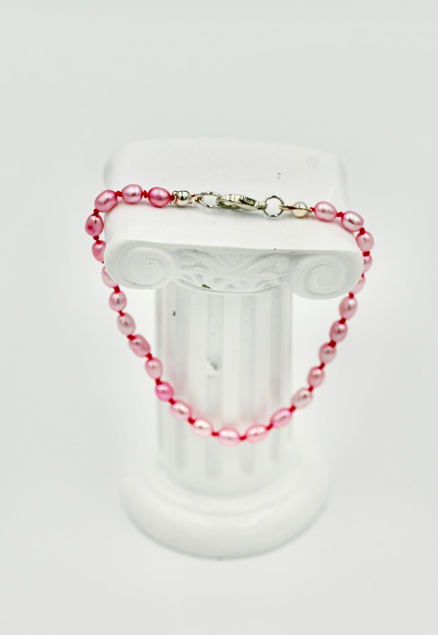 Fresh Water Pink Pearls 7 Inch Knotted Pink Silk Bracelet Silver Hardware