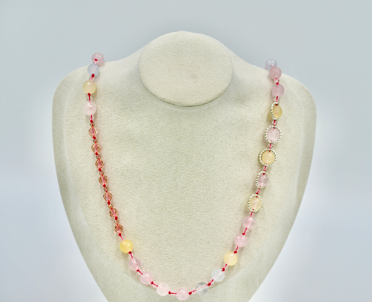 Morganite Pink Chrystals 22 Inch Knotted Pink Necklace Silver Hardware