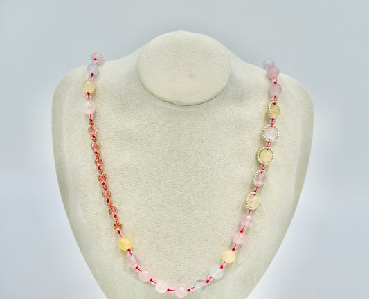 Morganite Pink Chrystals 22 Inch Knotted Pink Necklace Silver Hardware