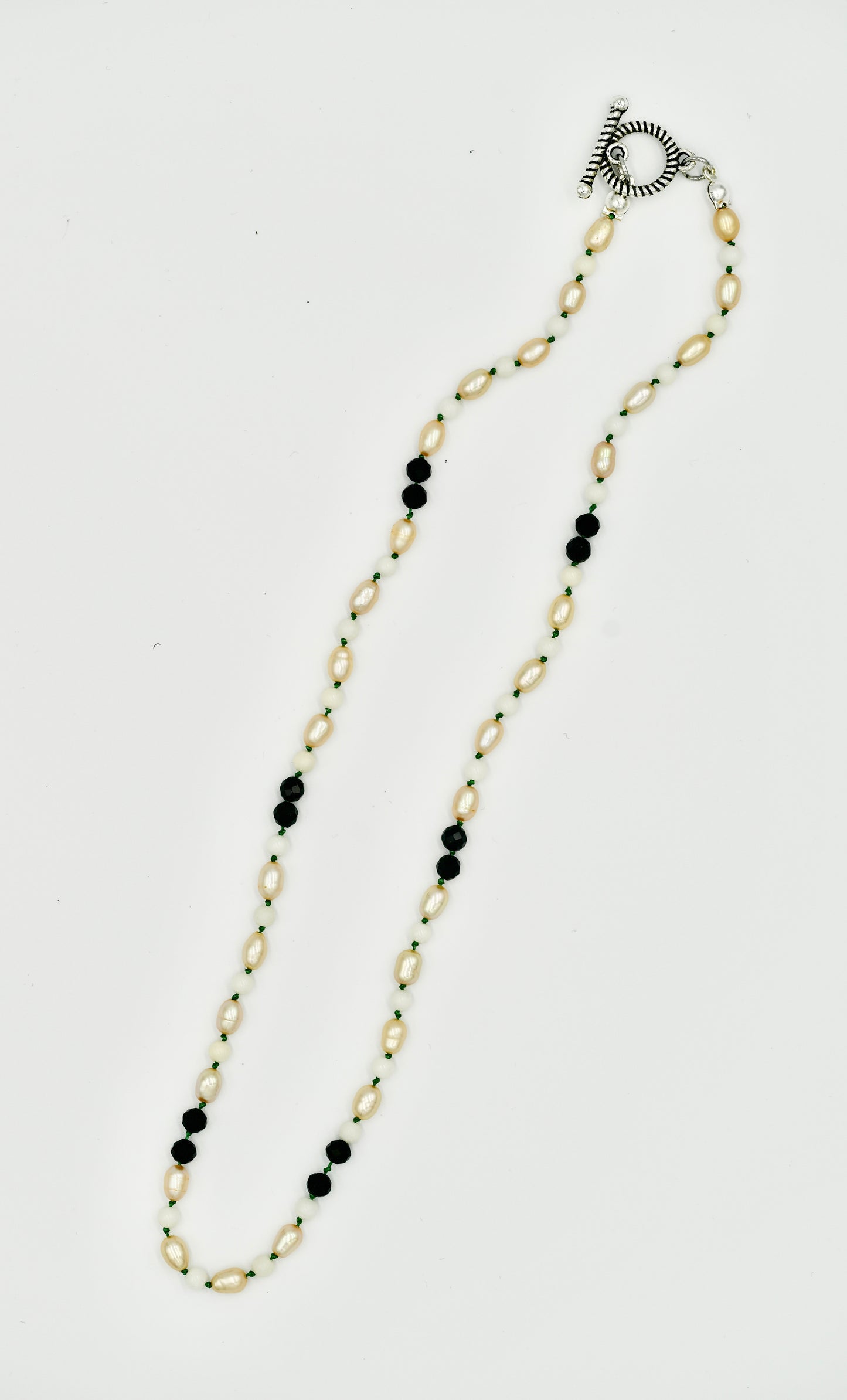 Mixed Stone Fresh Water Pearl Black Spinel with Coral 17 Inch Knotted Green Silk Silver Hardware