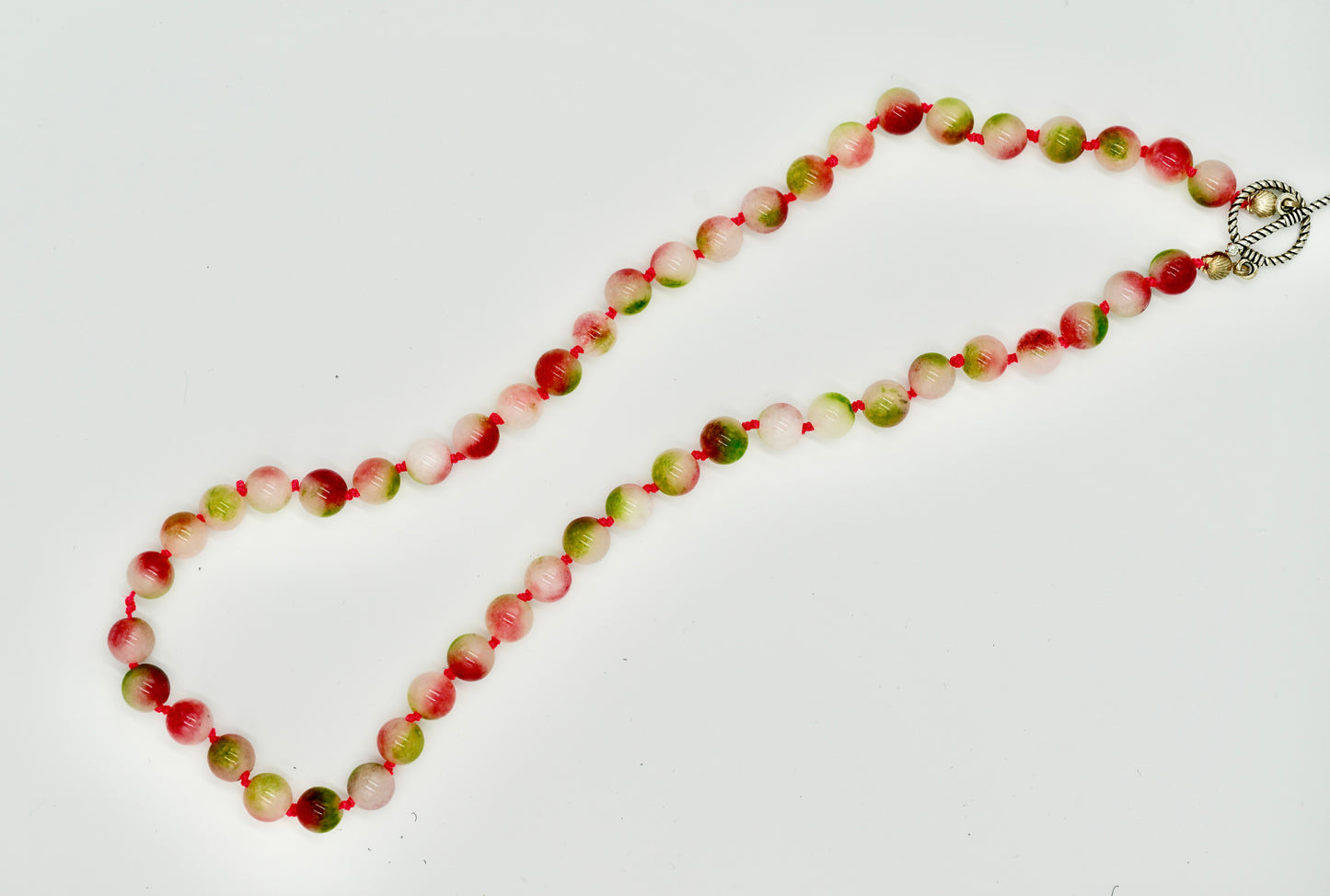 Jasper Jade 20 Inch Knotted Pink Silk Necklace Silver Hardware
