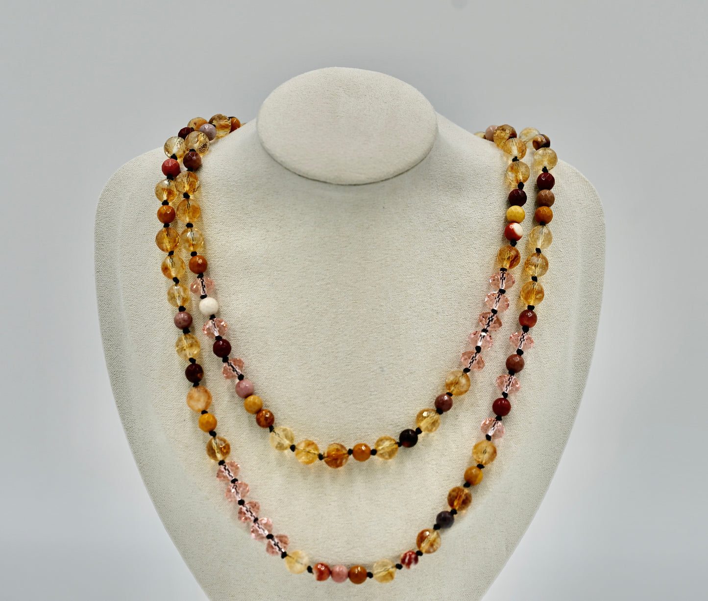 Multiple Gemstones Seven Chrystals Mookaite Pink Facet Chrystal 36 Inch Gold Hardware Necklace Knotted Black Silk