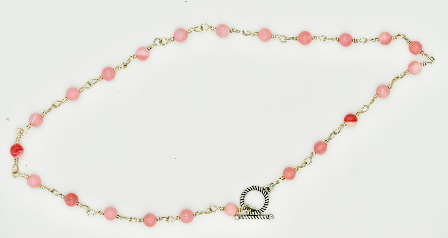 Pink Opal 925 Sterling Silver Rosary 17 Inch Necklace