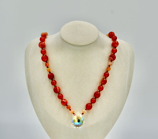 Sardonyx with Carnelian 27 Inch Knotted Necklace Burgundy Silk Genuine White Chrystal Pendant Silver Hardware