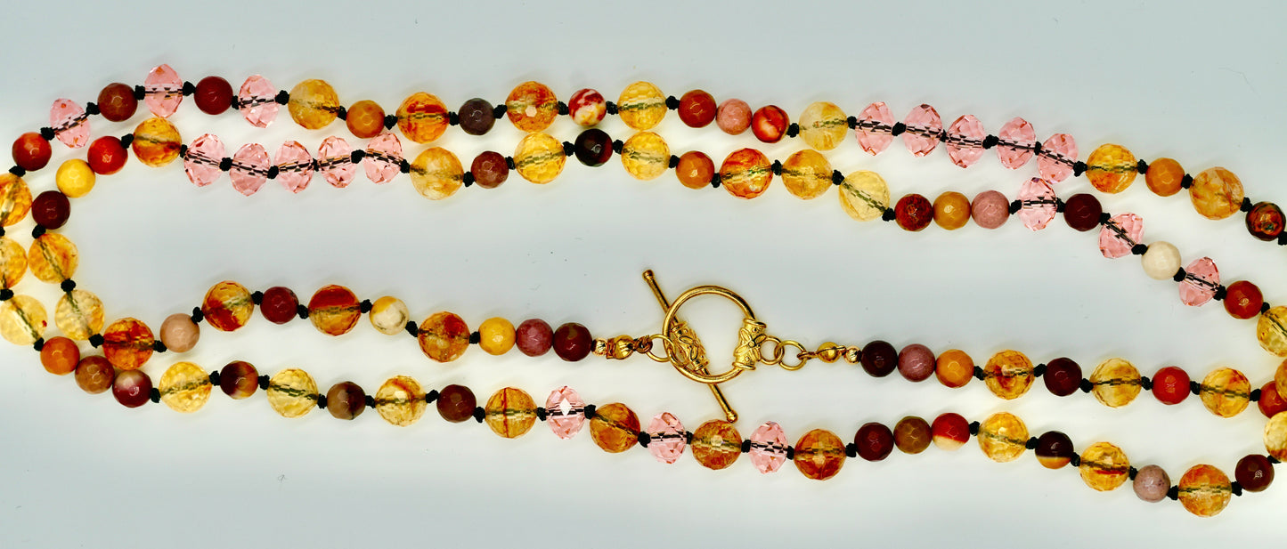 Multiple Gemstones Seven Chrystals Mookaite Pink Facet Chrystal 36 Inch Gold Hardware Necklace Knotted Black Silk