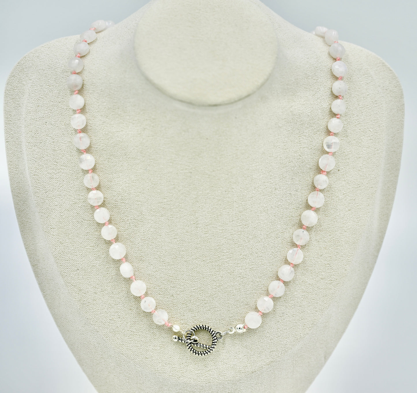 Moon Stone Knotted Pink Silk 17 Inch Necklace Silver Hardware