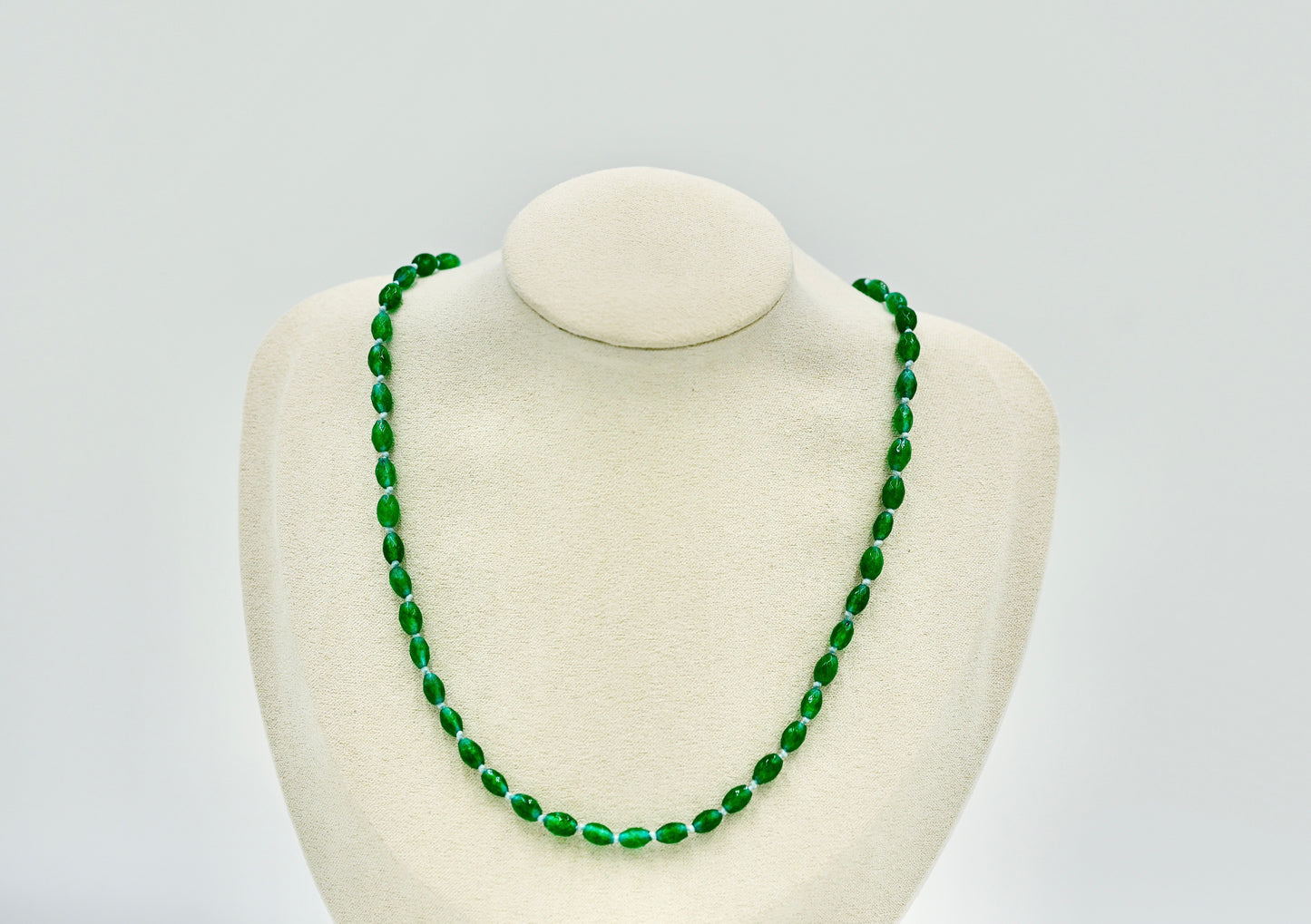 Green Jade Knotted Blue Silk 17 Inch Necklace Silver Hardware