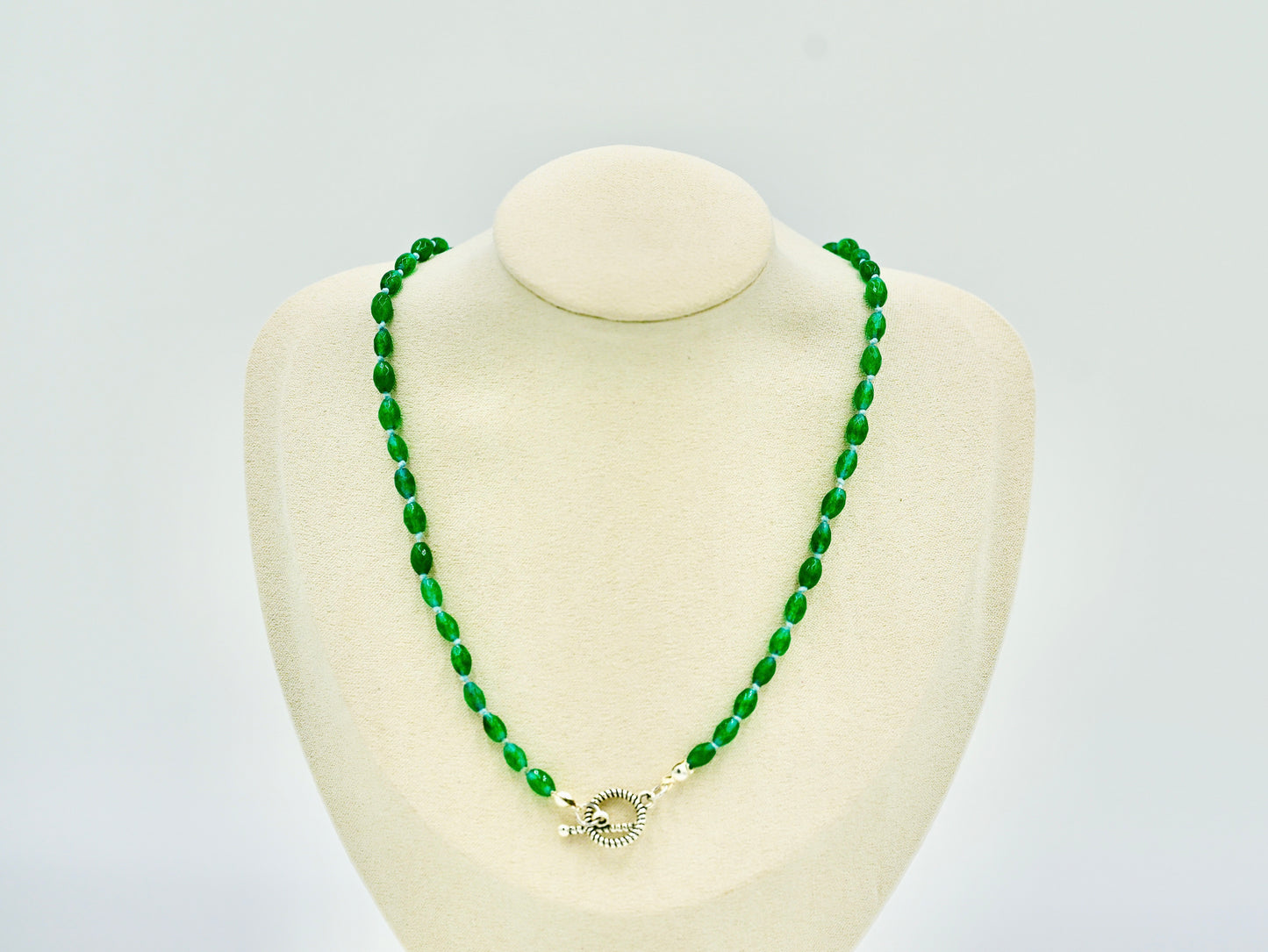 Green Jade Knotted Blue Silk 17 Inch Necklace Silver Hardware
