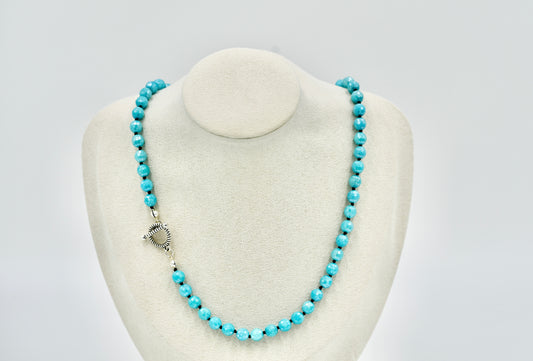 Mystic Blue Jade Facetted 17 Inch Necklace Knotted Black Silk