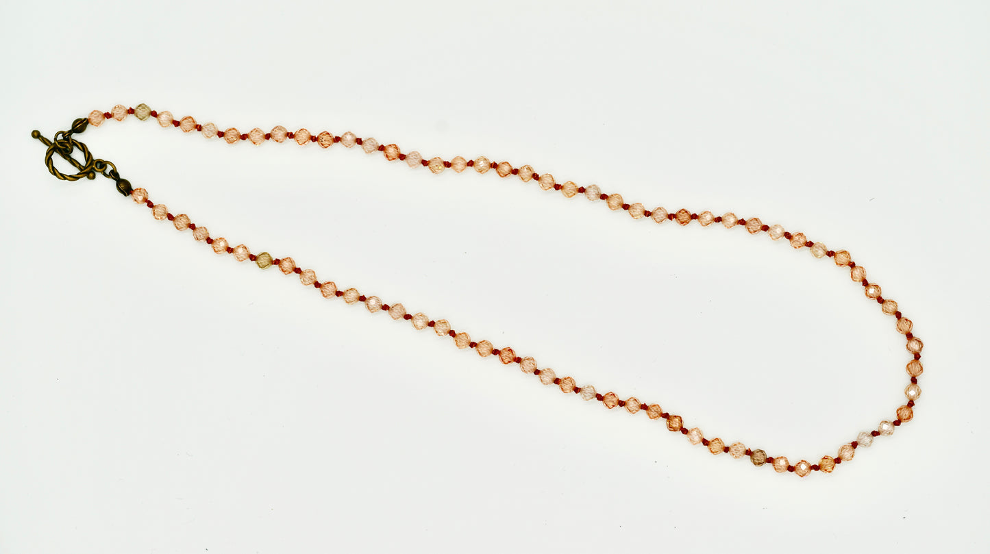 Chocolate Cognac Facet Chrystals 18 Inch Knotted Chocolate Brown Wax Silk Yellow Copper Hardware