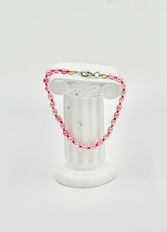 Fresh Water Pink Pearls 7 Inch Knotted Pink Silk Bracelet Silver Hardware