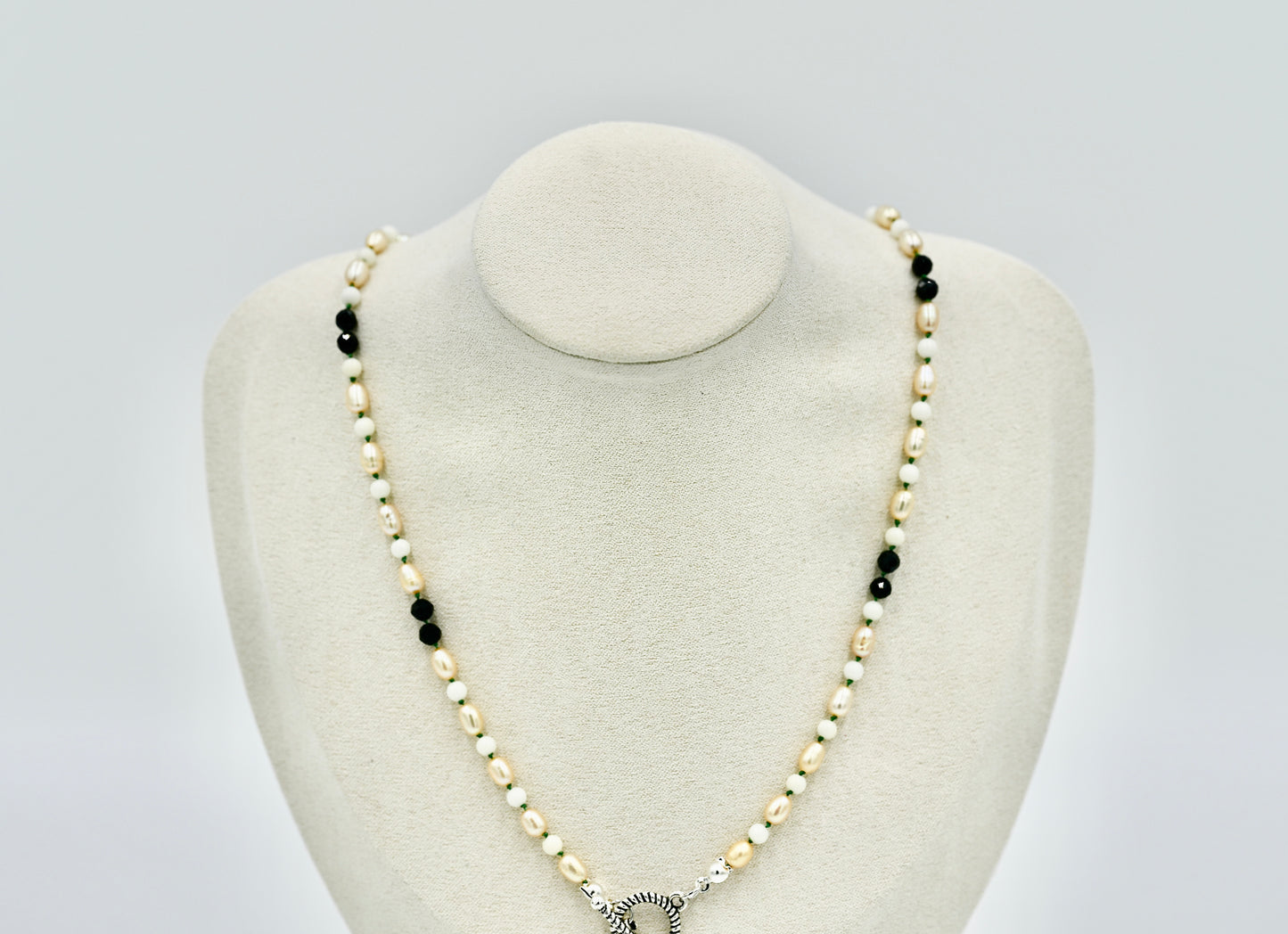 Mixed Stone Fresh Water Pearl Black Spinel with Coral 17 Inch Knotted Green Silk Silver Hardware