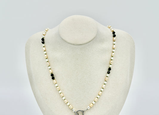 Mixed Stone Fresh Water Pearl Black Spinel with Coral 17 Inch Knotted Green Silk Silver Hardware