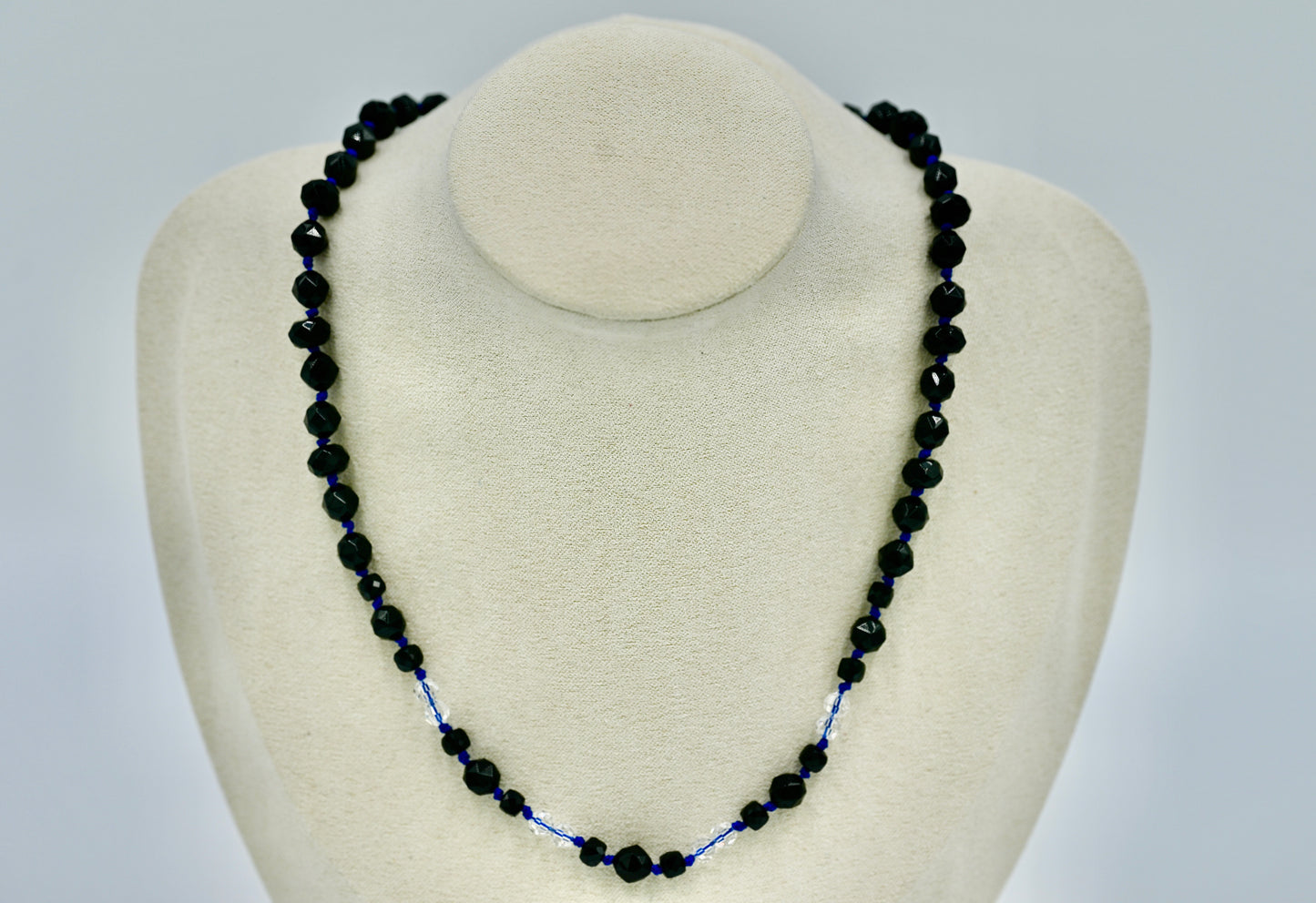 Black Spinel White Chrystals 16 Inch Knotted Blue Silk Necklace Silver Hardware