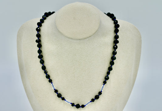 Black Spinel White Chrystals 16 Inch Knotted Blue Silk Necklace Silver Hardware