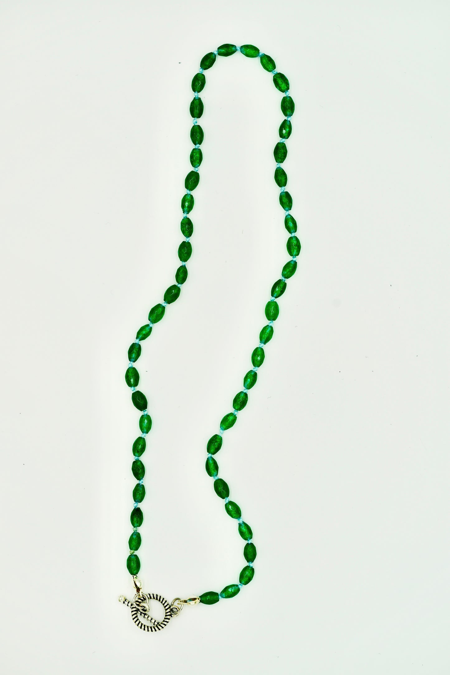 Green Jade Knotted Blue Silk 17 Inch Necklace Silver Hardware