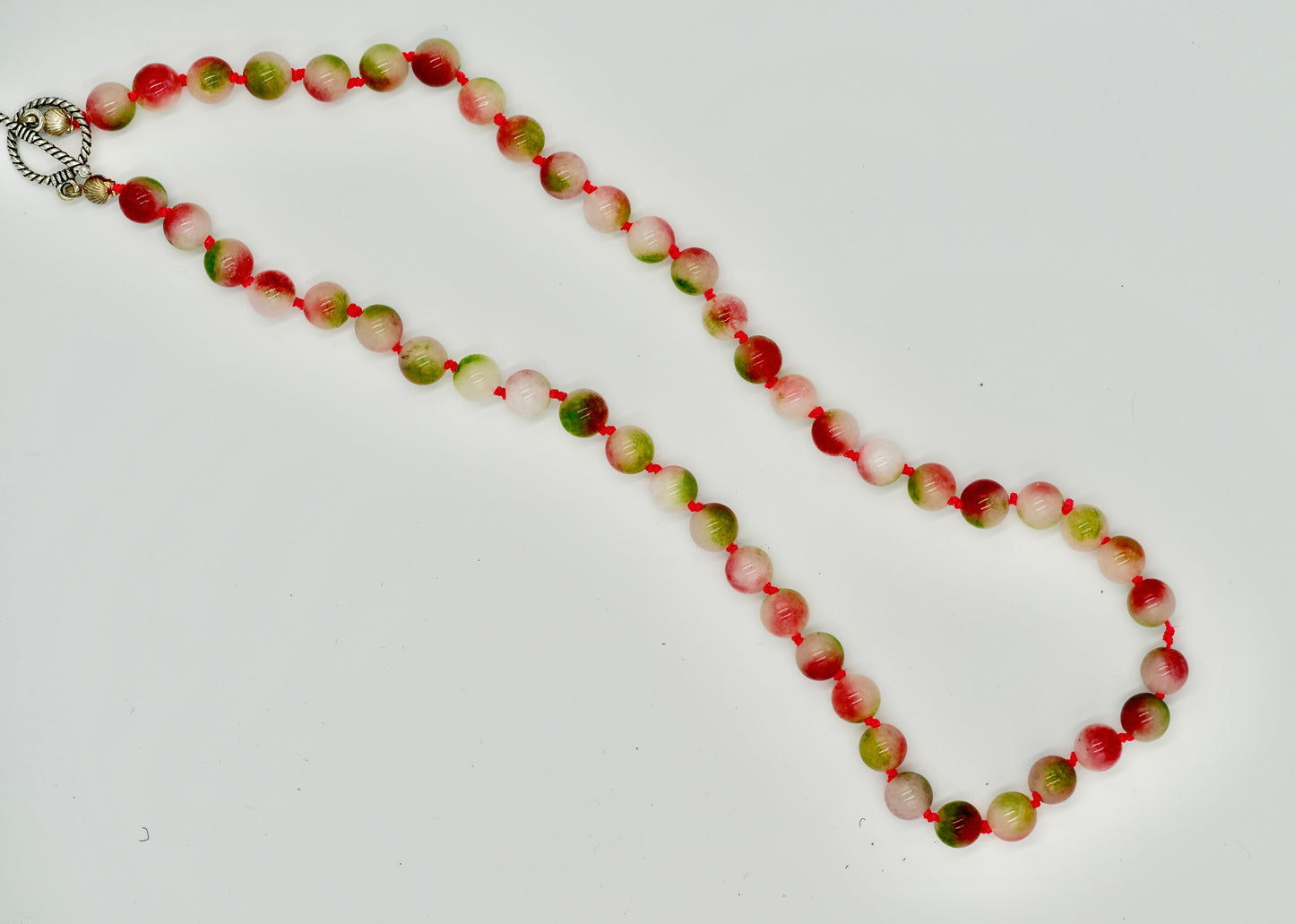 Jasper Jade 20 Inch Knotted Pink Silk Necklace Silver Hardware