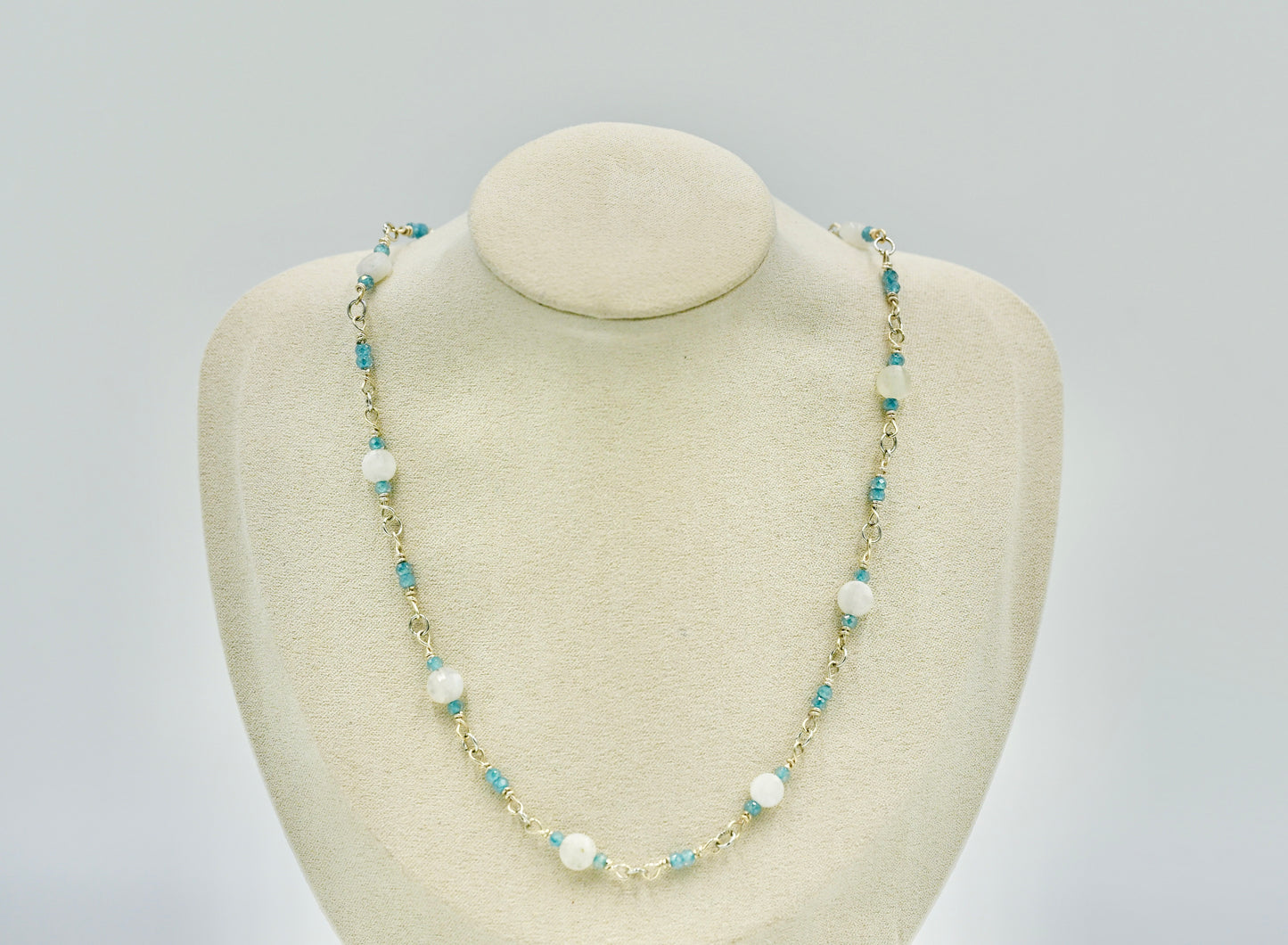 Moon Stone Aquamarine 925 Sterling Silver Rosary 16 Inch Necklace