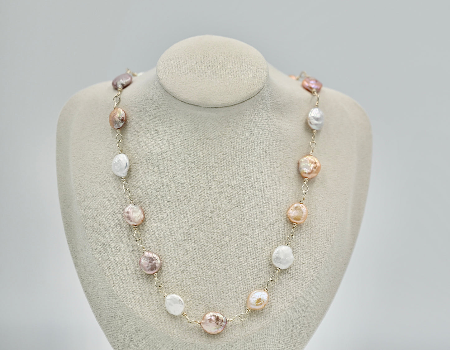Sterling Silver Rosary Twisted with Multiple Flat Fresh Water Pearls 18 Inch Necklace