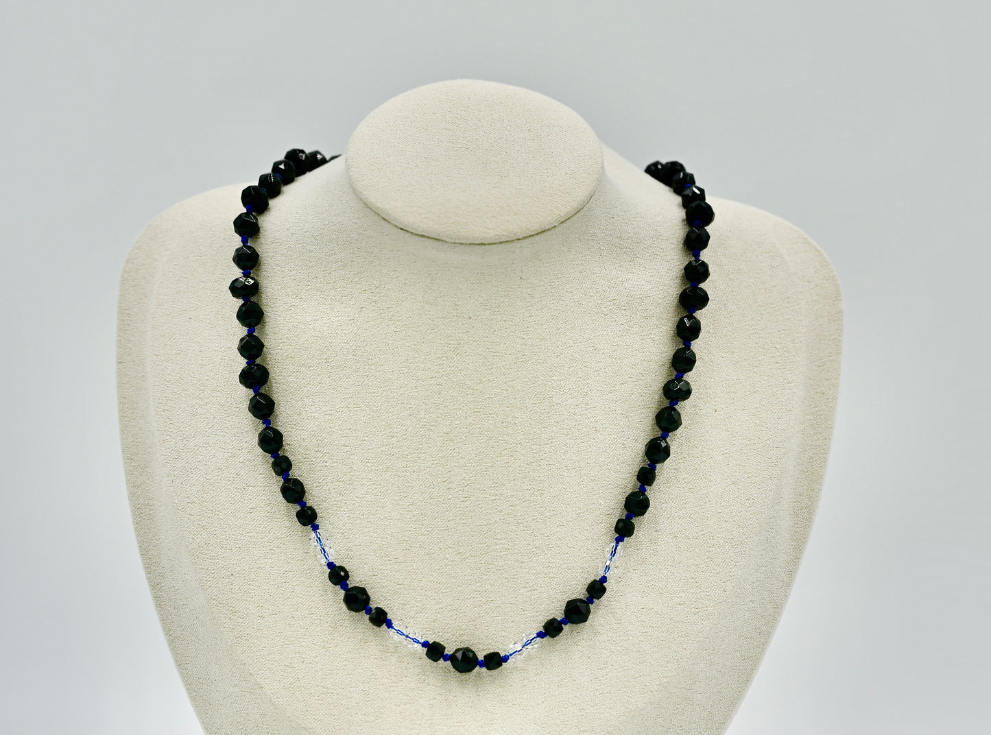 Black Spinel White Chrystals 16 Inch Knotted Blue Silk Necklace Silver Hardware