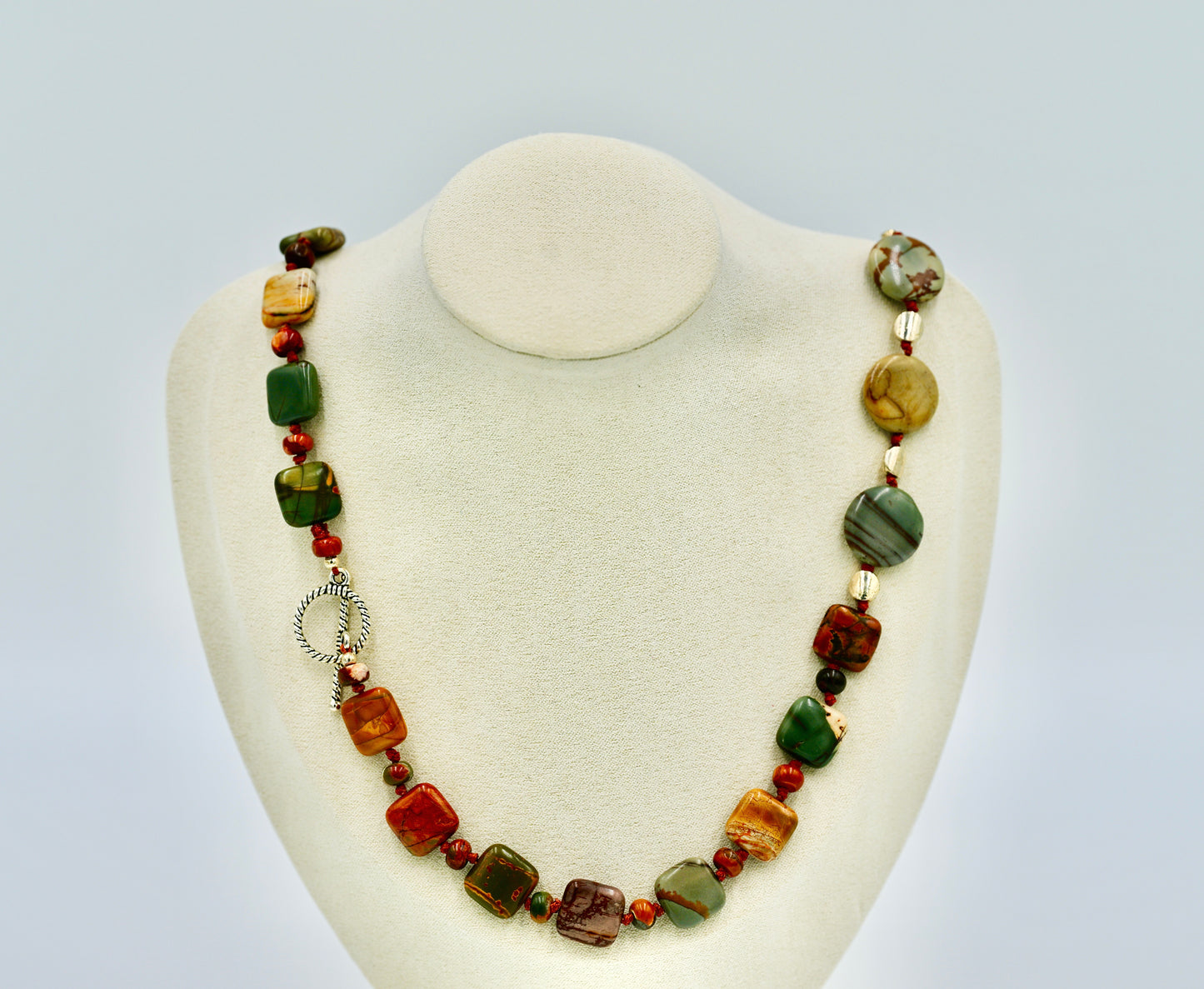 Picasso Jasper 24 Inch Knotted Brown Silk Necklace Silver Hardware