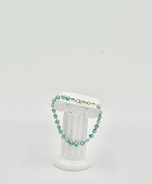 Natural Blue Fresh Water Pearls 7 Inch Knotted Bracelet Silver Hardware