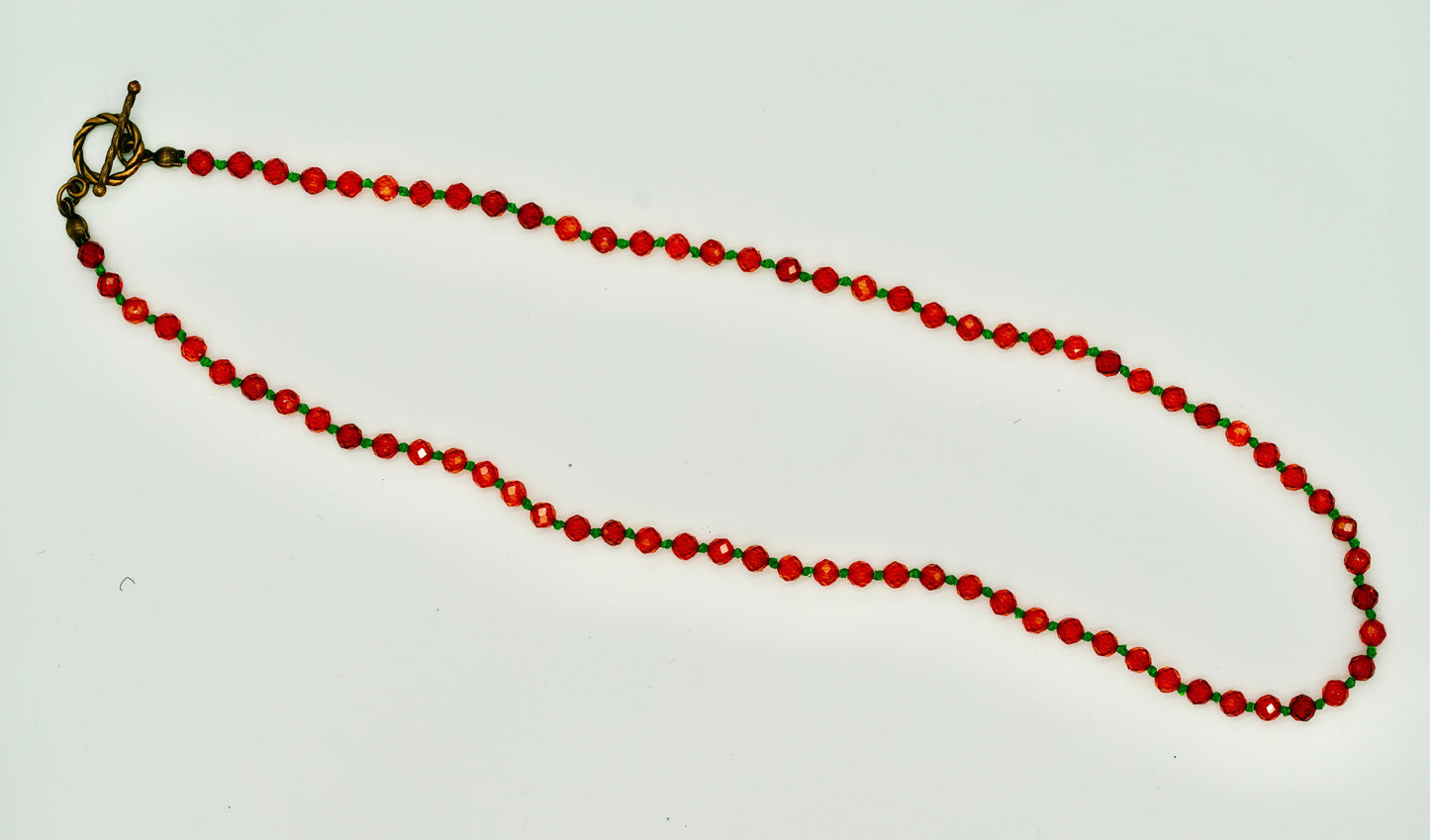 Orange Garnet Facet Shiny Knotted Green Wax Silk 18 Inch Necklace Yellow Copper Antique Hardware