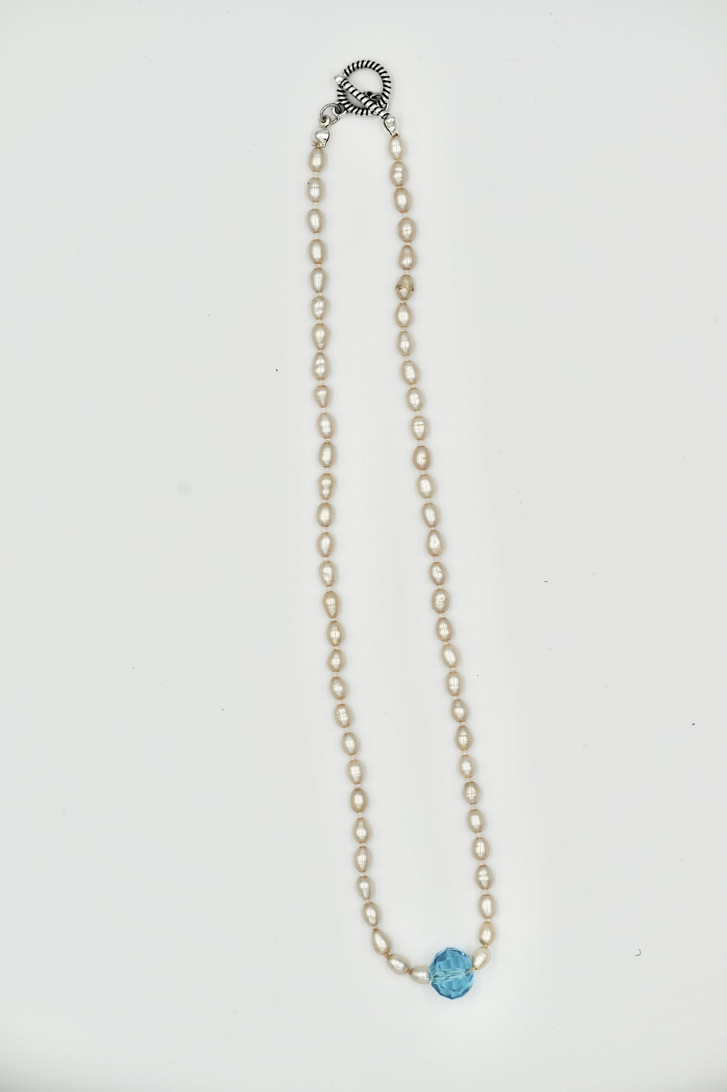 Fresh Water Pearl with 20k Aquamarine Stone Knotted 17 Inch Necklace White Silk Silver Hardware