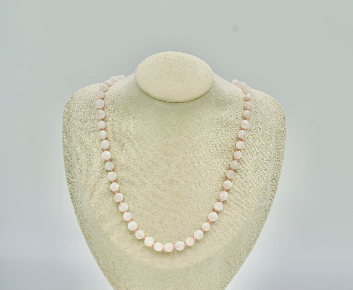 Moon Stone Knotted Pink Silk 17 Inch Necklace Silver Hardware