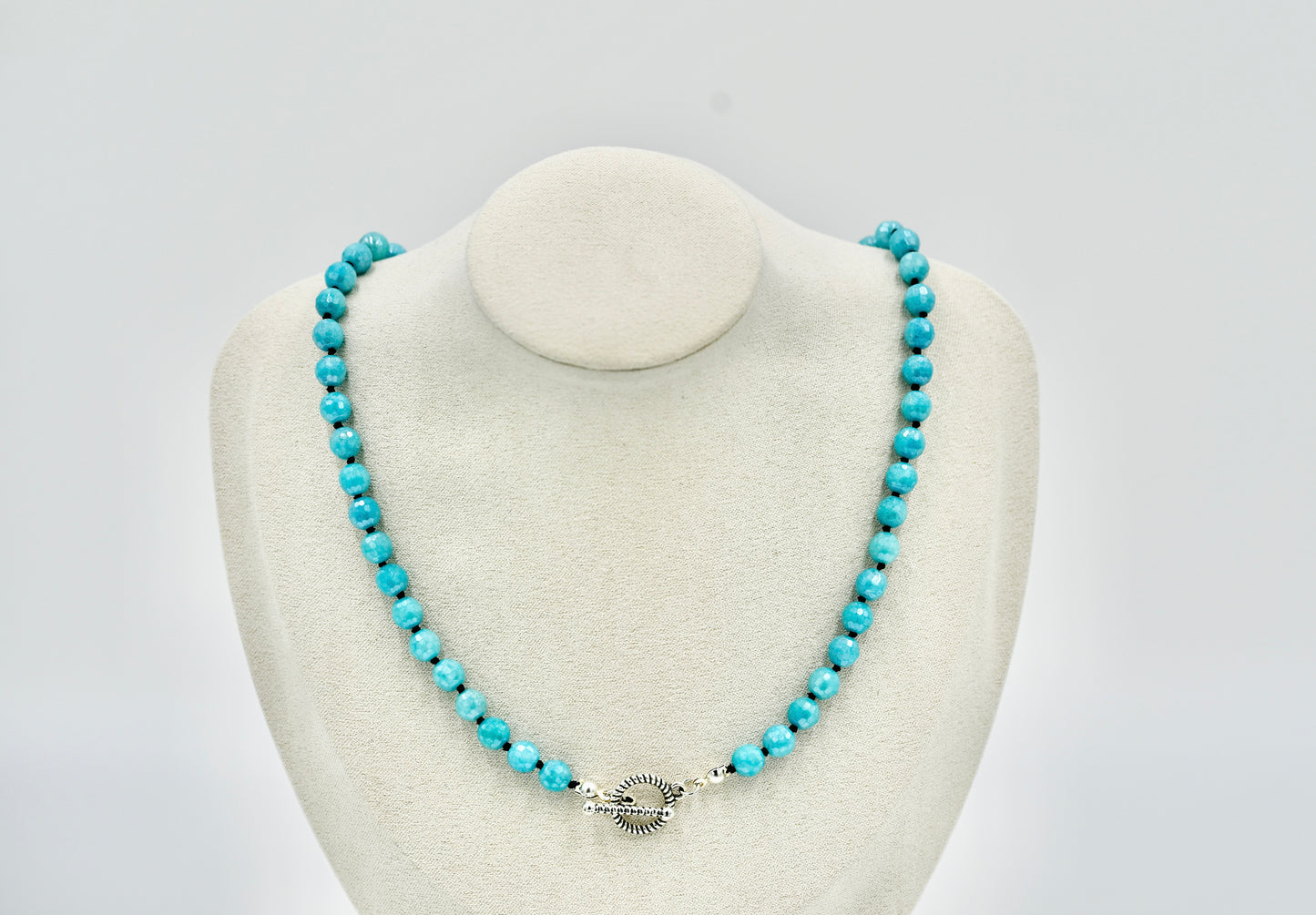 Mystic Blue Jade Facetted 17 Inch Necklace Knotted Black Silk