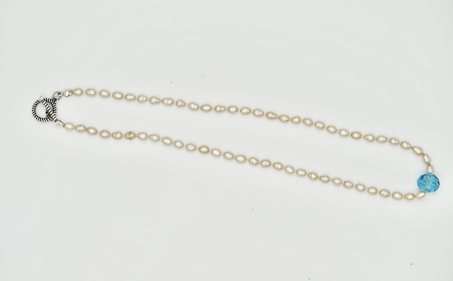 Fresh Water Pearl with 20k Aquamarine Stone Knotted 17 Inch Necklace White Silk Silver Hardware