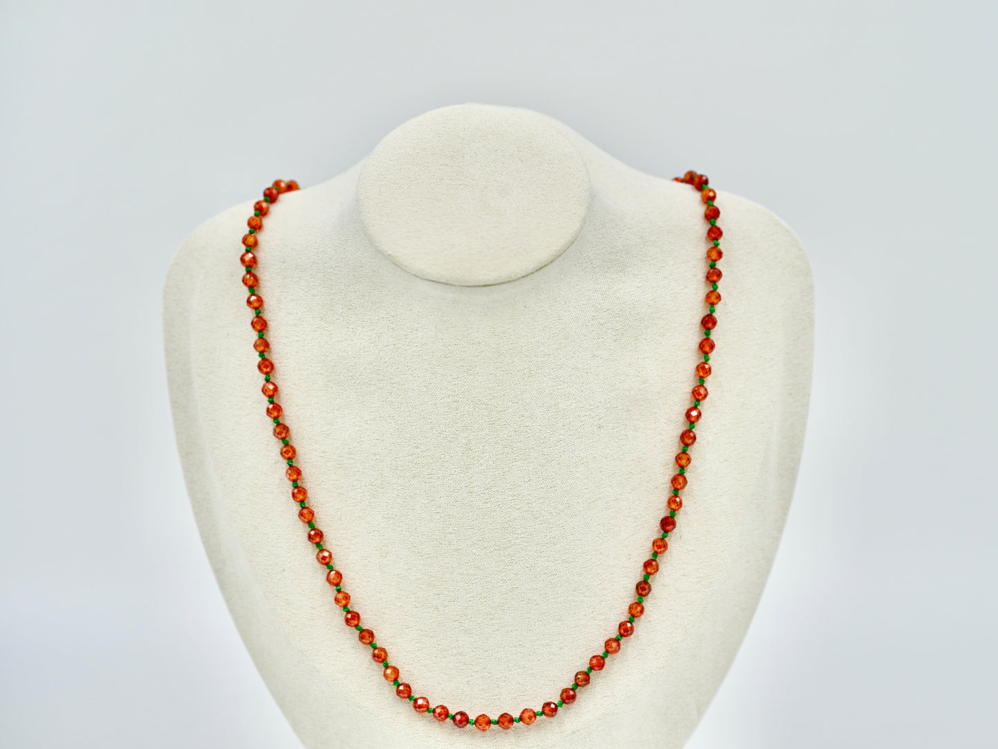 Orange Garnet Facet Shiny Knotted Green Wax Silk 18 Inch Necklace Yellow Copper Antique Hardware
