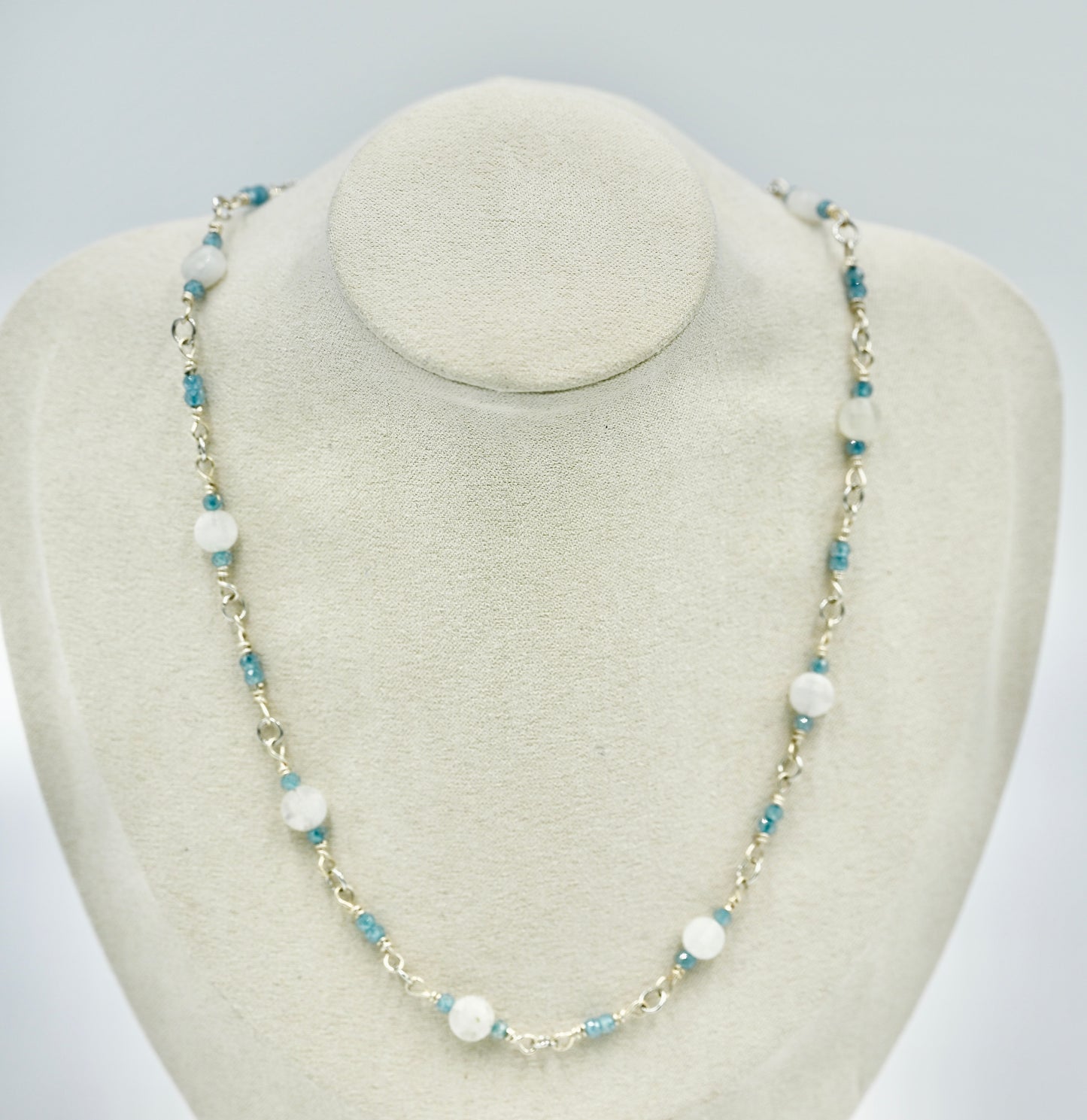 Moon Stone Aquamarine 925 Sterling Silver Rosary 16 Inch Necklace