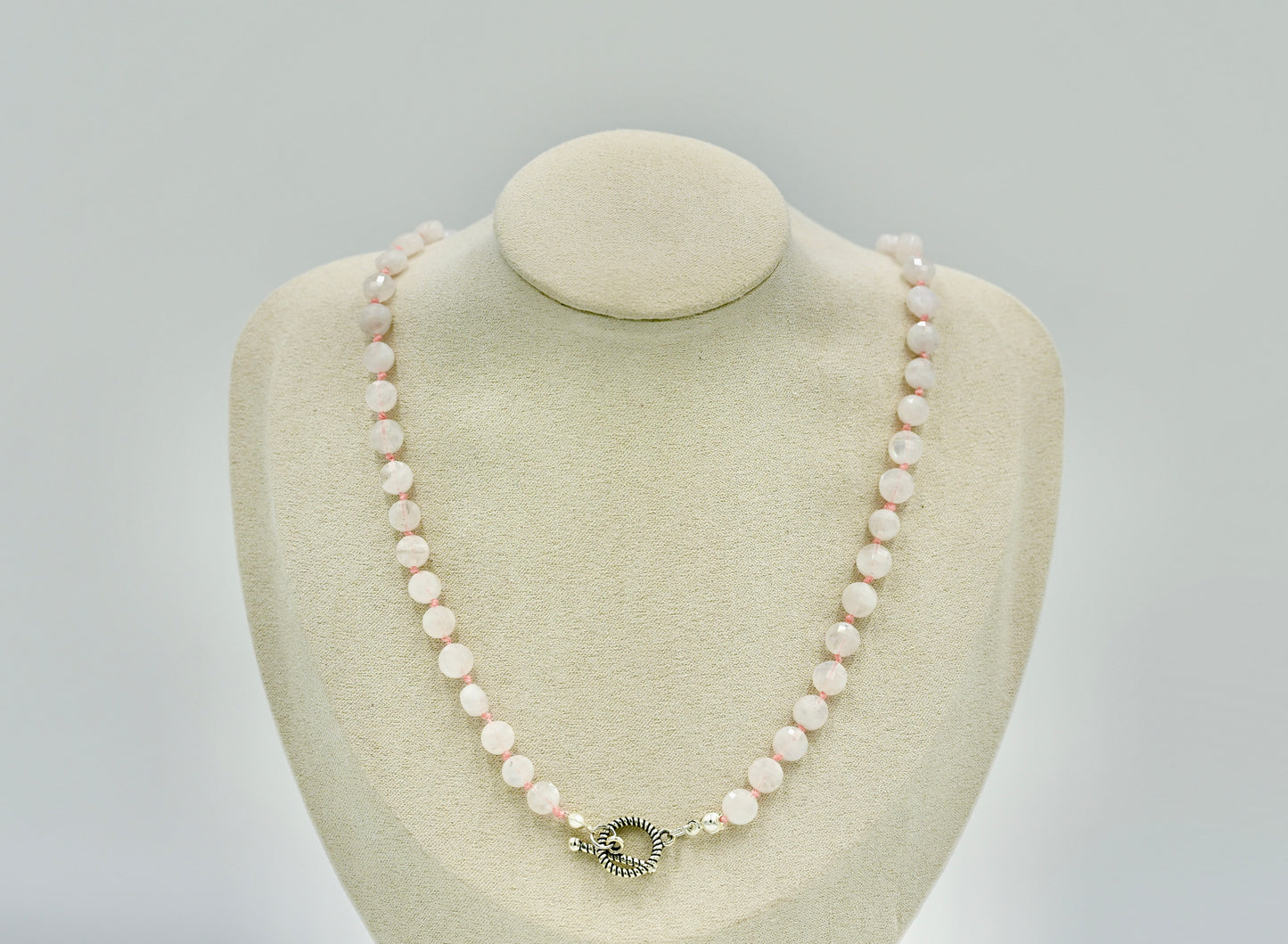Moon Stone Knotted Pink Silk 17 Inch Necklace Silver Hardware