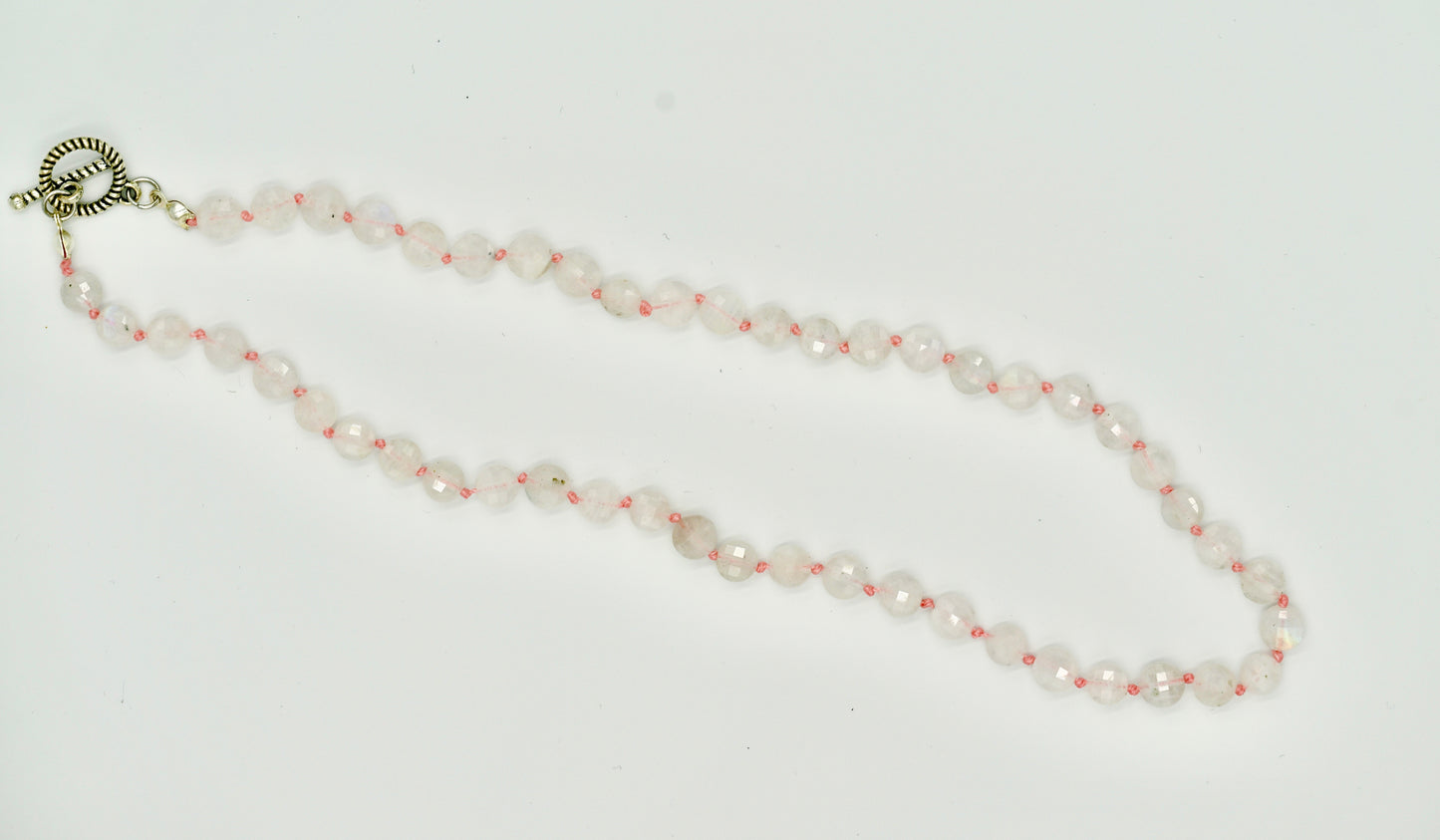 Moon Stone Knotted Pink Silk 17 Inch Necklace Silver Hardware