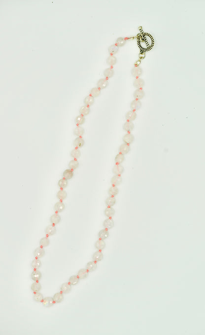 Moon Stone Knotted Pink Silk 17 Inch Necklace Silver Hardware