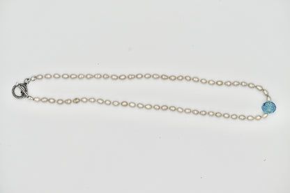 Fresh Water Pearl with 20k Aquamarine Stone Knotted 17 Inch Necklace White Silk Silver Hardware