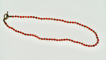 Orange Garnet Facet Shiny Knotted Green Wax Silk 18 Inch Necklace Yellow Copper Antique Hardware
