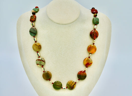 Picasso Jasper 24 Inch Knotted Brown Silk Necklace Silver Hardware