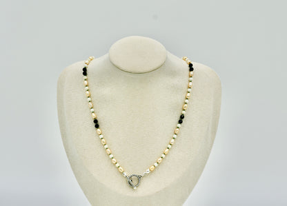 Mixed Stone Fresh Water Pearl Black Spinel with Coral 17 Inch Knotted Green Silk Silver Hardware