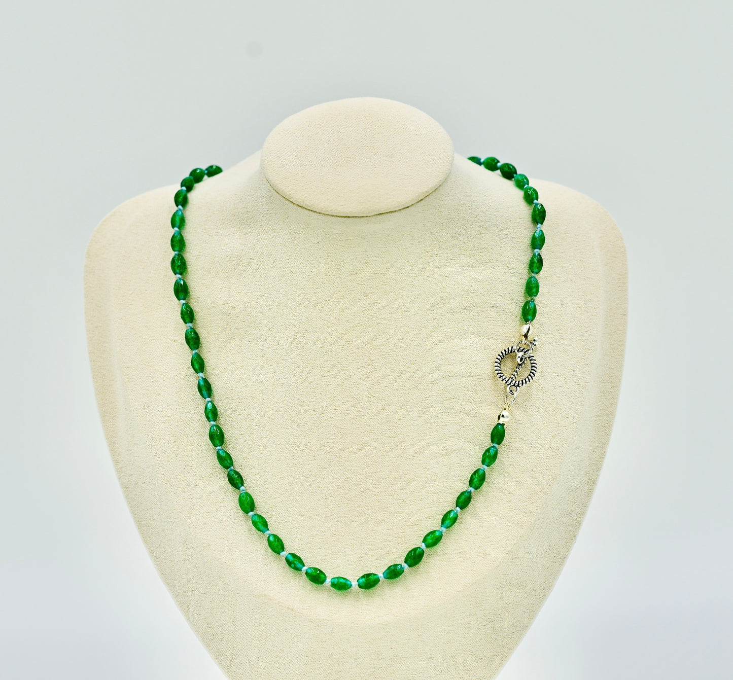 Green Jade Knotted Blue Silk 17 Inch Necklace Silver Hardware