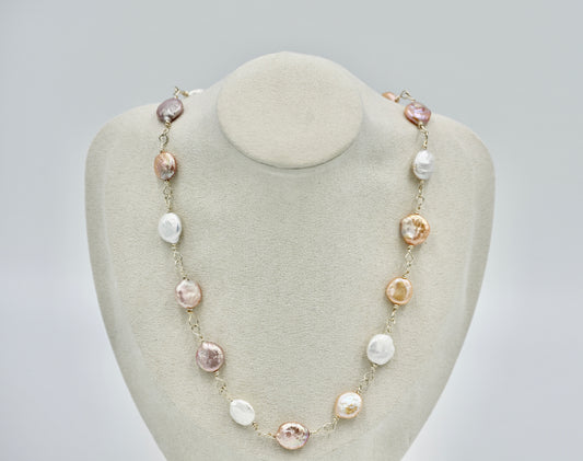 Sterling Silver Rosary Twisted with Multiple Flat Fresh Water Pearls 18 Inch Necklace