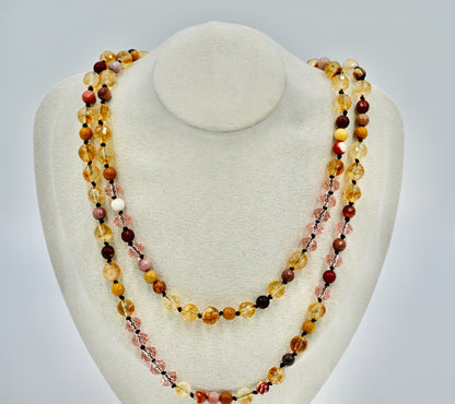 Multiple Gemstones Seven Chrystals Mookaite Pink Facet Chrystal 36 Inch Gold Hardware Necklace Knotted Black Silk