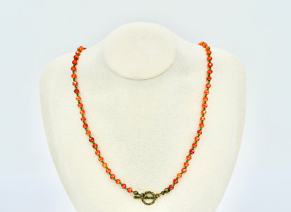 Orange Garnet Facet Shiny Knotted Green Wax Silk 18 Inch Necklace Yellow Copper Antique Hardware