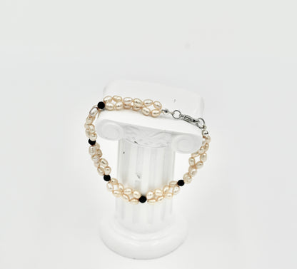 Double Sewn Fresh Water Pearls Black Spinel 7 Inch Bracelet Silver Hardware