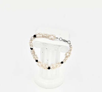 Double Sewn Fresh Water Pearls Black Spinel 7 Inch Bracelet Silver Hardware