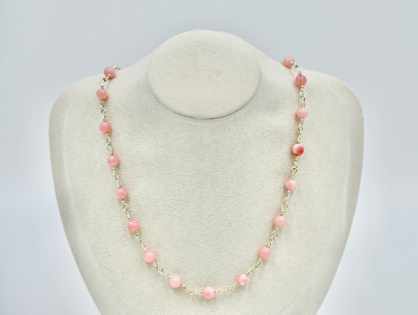 Pink Opal 925 Sterling Silver Rosary 17 Inch Necklace
