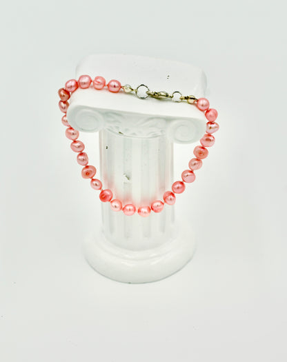 Fresh Pink Fresh Water Pearl 7.5 Inch Knotted Bracelet Silver Hardware